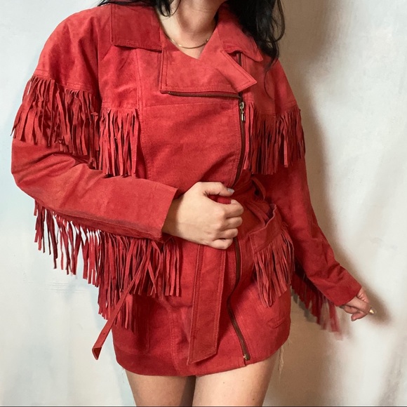 VINTAGE 100% LEATHER RED FRINGE SHORT TRENCH COAT - Picture 4 of 9